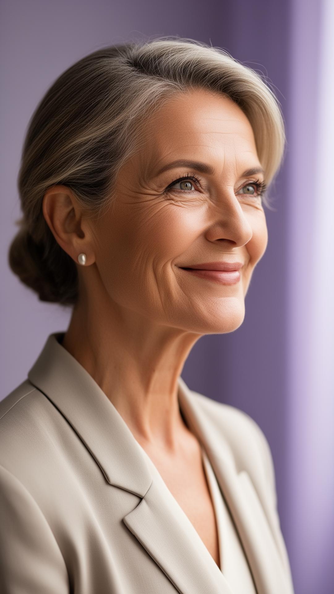 Confident professional woman in midlife looking toward the future